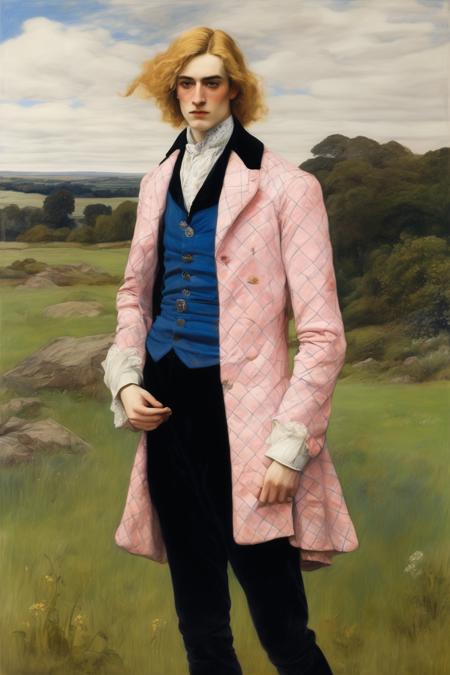 00241-2641134574-John Everett Millais Style - the painting depicts of an androgynous pretty man with a blue and pink argyle long coat draped over.png